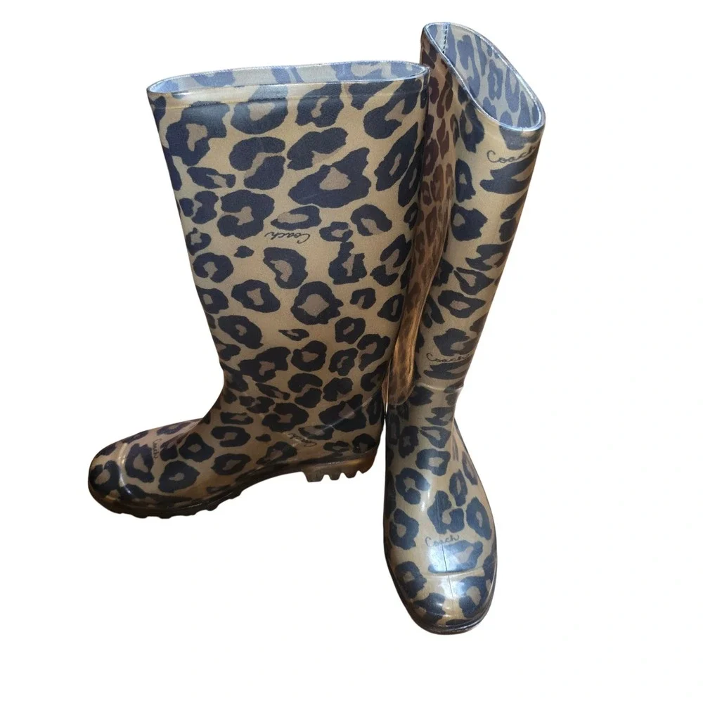 Coach Rain Boots Women 7 Leopard Print Brown Tristee‎ Tall Rubber Lug